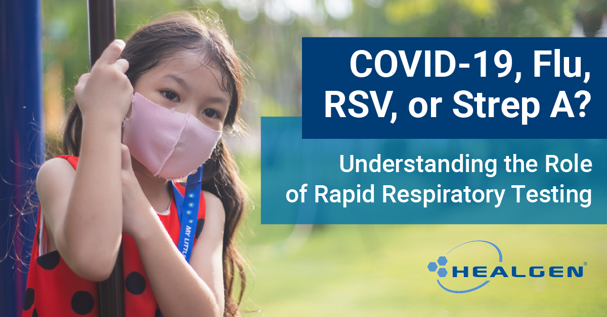 A photo of a small girl wearing a mask, and text about COVID-19, Flu, RSV, or Strep A?