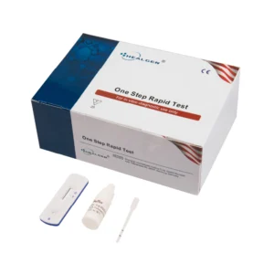 A photo of a box and test devices for d-dimer testing