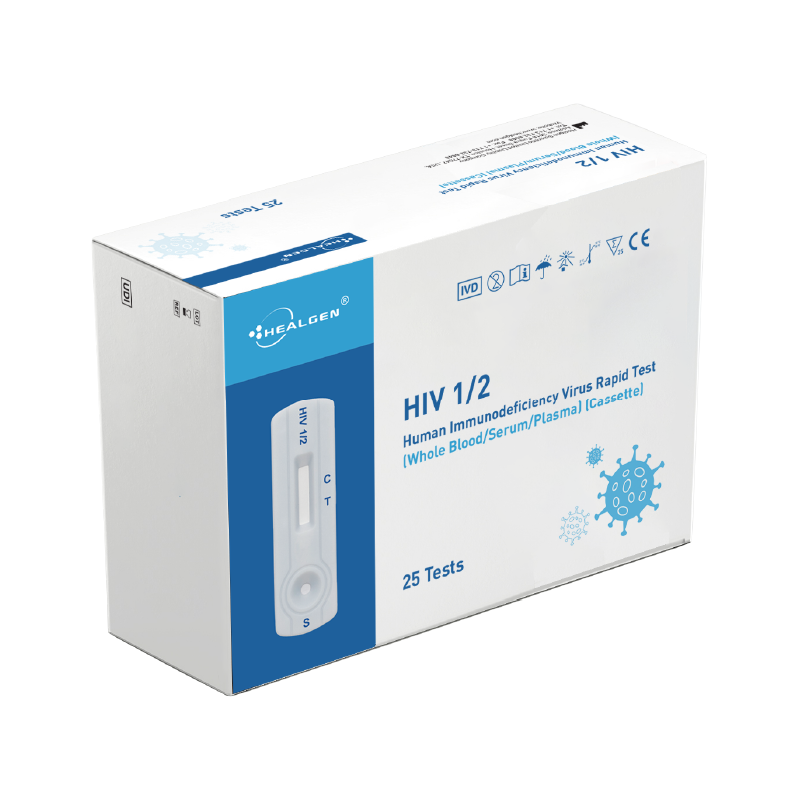 A photo of a Healgen test box for HIV on a white background
